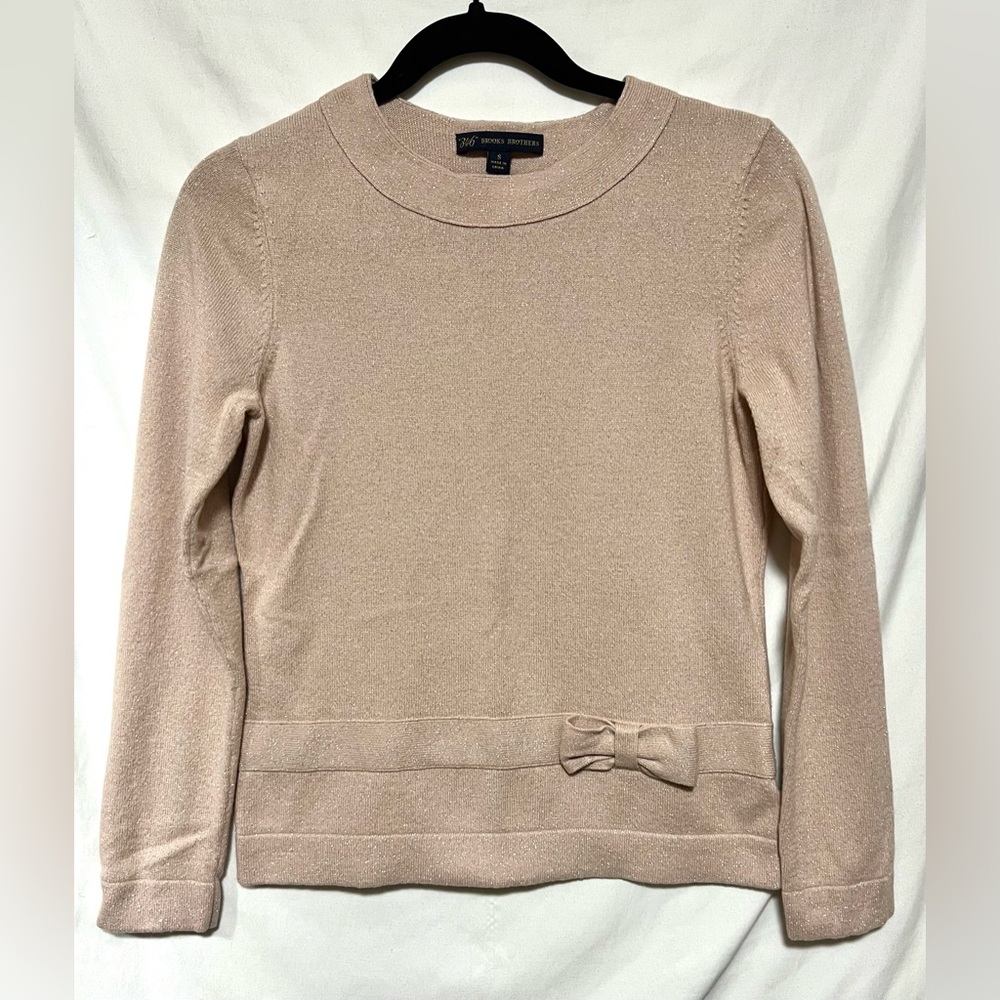Brooks Brothers 346 Lambswool Blend Sparkle Bow Sweater Pale Pink Holiday Classy - Picture 2 of 9